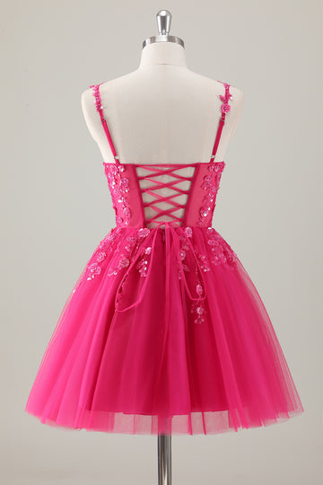 Fuchsia A-Line Spaghetti Straps Sequins Short Homecoming Dress with Appliques